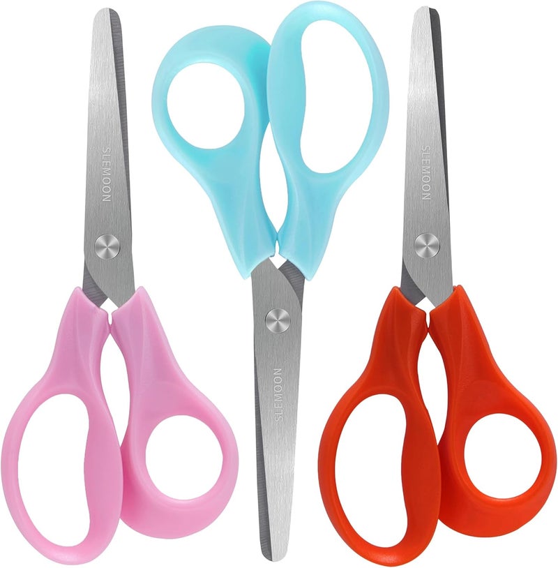 SLEMOON 5" Small School Student Blunt Kids Craft Scissors, Sharp Stainless Steel Blades Safety Comfort Grip for Toddler Preschool Children Cutting Paper, 3 Pack,blue - Image 1